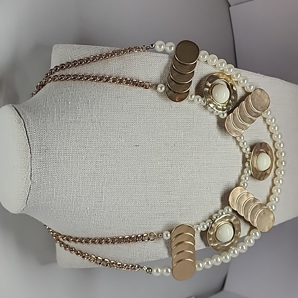MiLea Hammered Metal Cabochon & Faux Pearl Necklace